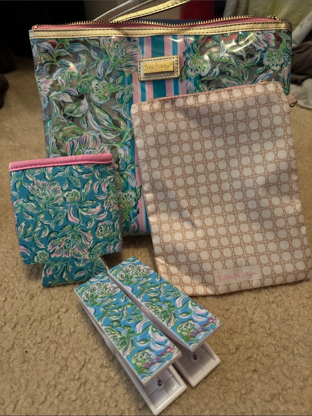 Lilly Pulitzer Floral Stripe Cosmetic Pouch in Pink, Teal & Green